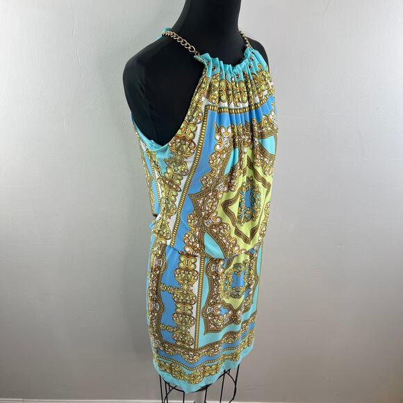 CACHE Womens Baroque Chain Halter Dress Blue Yellow Sleeveless Stretch Size M - Picture 7 of 10